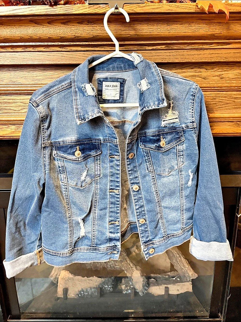 Wax Jeans Collection denim jacket Distressed Denim Jacket in Blue Size Large